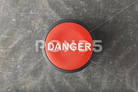 Overhead of Red 'Danger' Push Button on Concrete Background Stock Photos