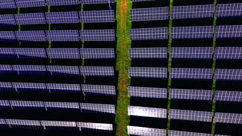 Overhead shadow pattern of solar panel rows, Bulgaria Stock Footage 340408594