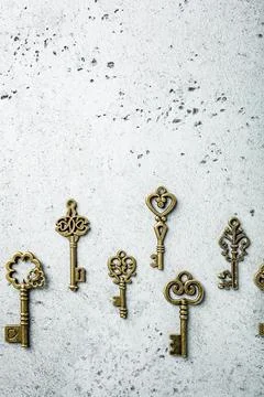 Overhead shoot of many different old keys 写真素材