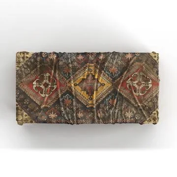 Overhead shot of a 3D rendered table with a vintage carpet on it Illustrazione stock