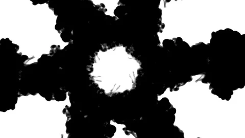 Overhead shot of black ink flows form star, ink inject or blow smoke on white in Stock Footage