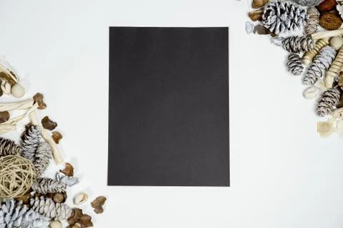 An overhead shot of a black rectangle on a white surface with pine cones on t Foto stock