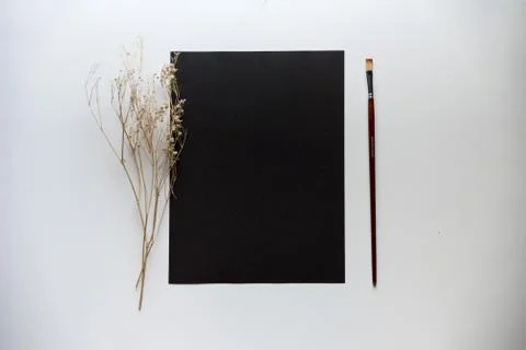 An overhead shot of a black rectangle on a white surface in the middle of a d Stock Photos