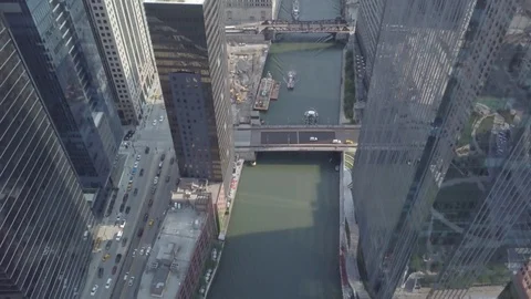 Overhead Shot Of Boats On Chicago River Stock Footage