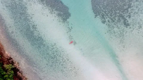 Overhead Shot Capturing Calm Pristine Waters With Kayaker Over Vibrant Coral Stock-Footage 338360440