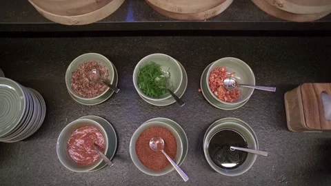Overhead shot of a complete luxury multi course meal set on a restaurant table Stock Footage 336289399