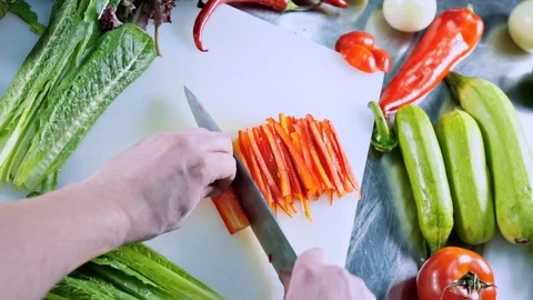Overhead shot of cutting red pepper Stock Footage 84280544