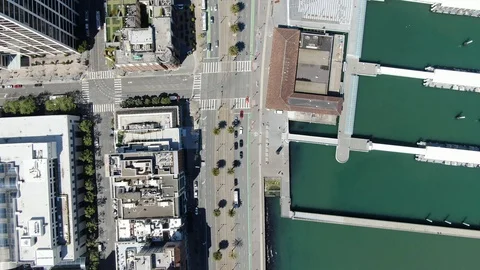 Overhead Shot of Embarcadero/Ferry Building Traffic during Covid - San Francisco Stock Footage 127727445