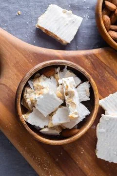 This overhead shot features authentic Spanish turron de Alicante, a tradition Stock Photos