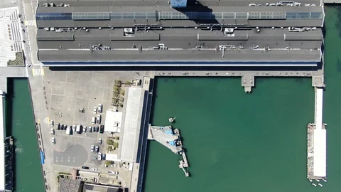 Overhead Shot of Ferry Building, approaching Embarcadero Stock Footage 127727329