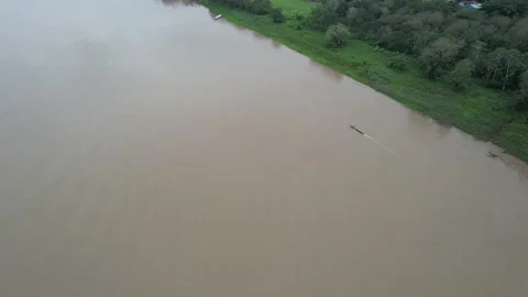 Overhead Shot of Local Guide boat cruising down the Amazon River in Brazil Vídeo Stock 169663035