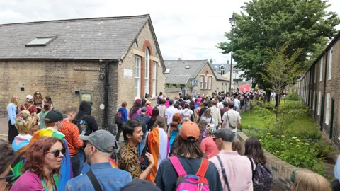 Overhead shot of the parade returning to Jesus green Stock Footage 338018020