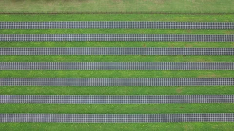 Overhead Shot Of Parallel Lines Set Of Solar Panels Built On Green Grass Stock Footage 221222503