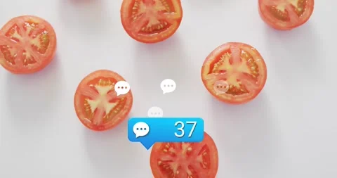 Overhead shot pausing on tomato halves, chat bubble popping, count increasing Stock Footage 320487393