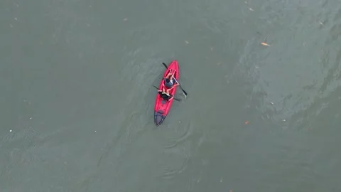 Overhead shot of red kayak navigating through murky water with visible koi Stock Footage 333614096