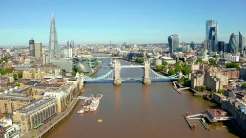 Overhead shot on River Thames and London, aerial view Stock Footage 136783647