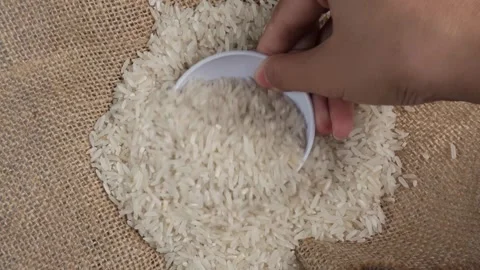 Overhead shot of scooping rice with small bowl from gunny sack 库存影片 277675498