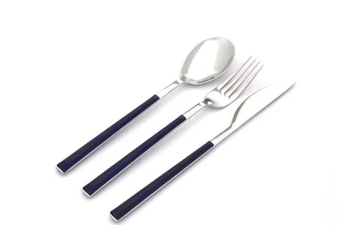 Overhead shot of silverware on White background with copy space Stock Photos