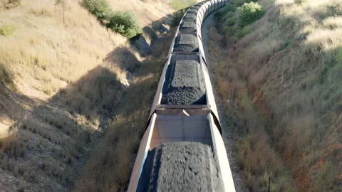 Overhead shot of train wagons loaded with coal in the upper hunter valley Stock Footage 162942851