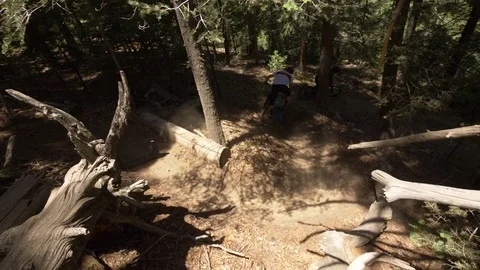 Overhead shot of two guys mountain biking a S turn in the woods. 動画素材 77577918