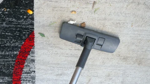 Overhead shot of a vacuum cleaner being used on a messy indoor carpet. Stock Footage 159798675