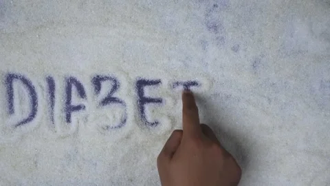 Overhead shot view of hand writing diabetes word on sugar grains Stock Footage 281060935
