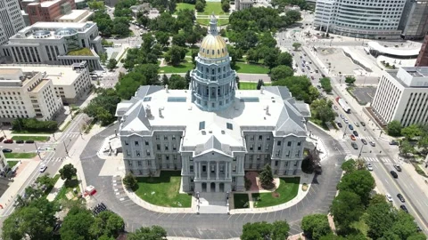 Overhead shot of W Colfax Ave and W 14th Ave from East side of capital building Stock Footage 246833259