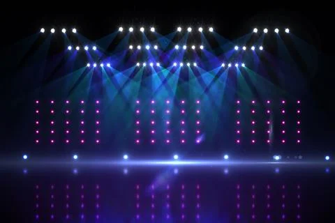 Overhead spotlights and LED panels are casting beams on reflective stage floor Stock Illustration