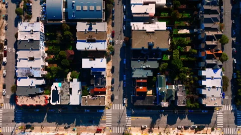 Overhead street grid with rooftops and crosswalks, San Francisco Stock Footage 337463052