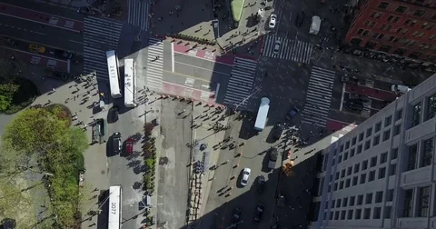 Overhead study of a busy Manhattan plaza and bus lanes Stock-Footage 75978307