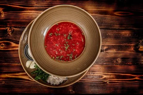 Overhead Table side, Borscht and Lard Stock Photos