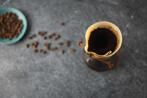 Overhead Top Down image of pour over coffee Stock Photos