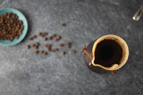 Overhead Top Down image of pour over coffee Stock Photos