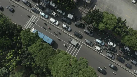 Overhead top down view of gridlock traffic in Jakarta Indonesia drone aerial Stock Footage 148868671