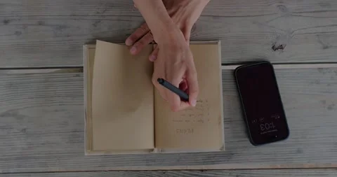 Overhead Top Down View Of Hands Using Smartphone For Calendar... Stock Footage 332807923