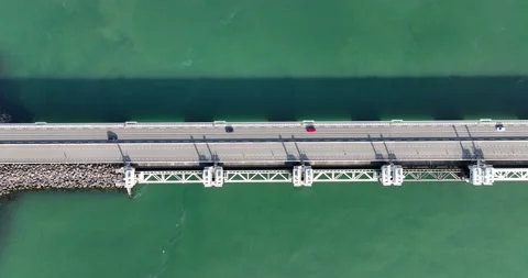 Overhead top down view of Oosterschelde barrier closable storm surge barrier 스톡 동영상 202239729