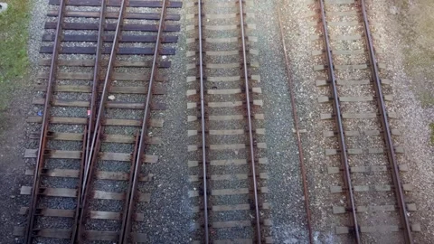 Overhead top down view of parallel railway tracks with switch in Daugavpils Stock Footage 343733747