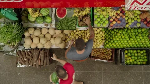 Overhead Top View of Men at Fruit and Vegetable Market Stall Stock Footage 336068207