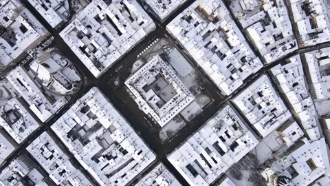 Overhead top view of snowed city roofs Video stock 161392853