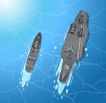 Overhead vector graphic of naval vessels navigating deep blue sea with visibl 库存插图