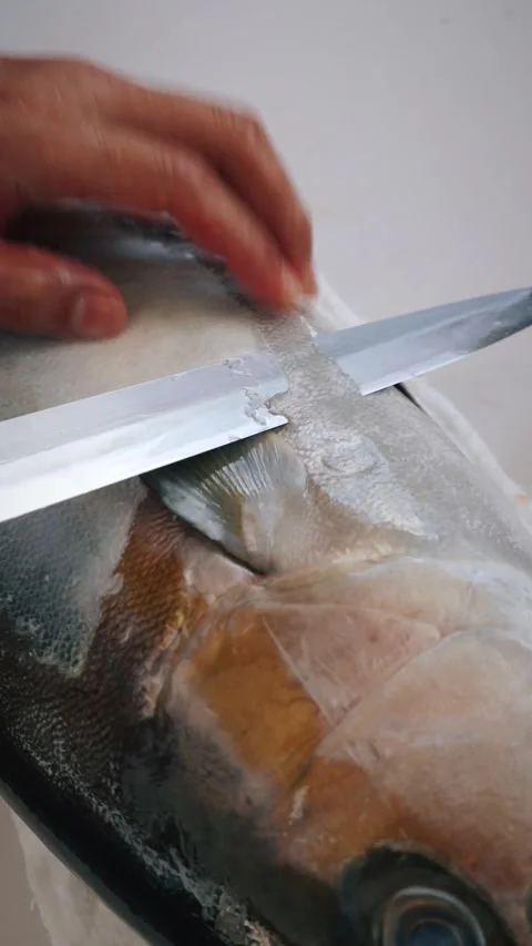 Overhead vertical long shot chef removing bluefin tuna skin with knife Stock Footage 317519115