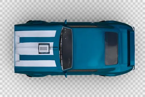 Overhead view 3D rendering of a blue and white 1970s vintage American muscle  Stock Illustration