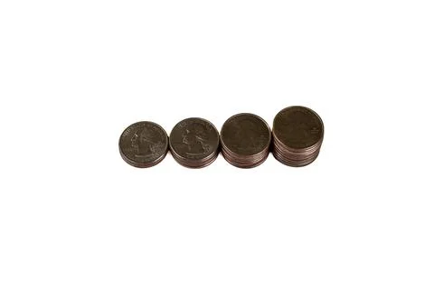 Overhead view of 4 stacks of US quarters Stock Photos