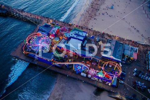 Overhead View Of Amusement Park At Dusk, Santa Monica, California, Usa