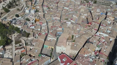 Overhead view of Atalaya's dense rooftops and narrow medieval streets. The .. Stock Footage 283971056
