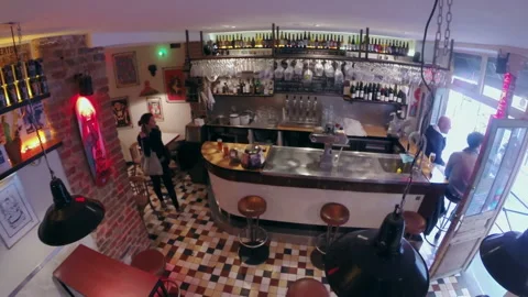 Overhead View of Authentic Beer Bar Interior and Counter in Paris Stock Footage 344954041