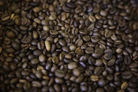 Overhead view of backdrop representing halves of dark brown coffee beans. Tex Foto stock