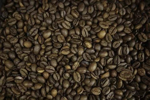 Overhead view of backdrop representing halves of dark brown coffee beans. Tex Stock-Fotos