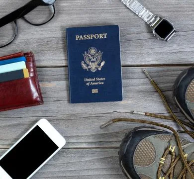 Overhead view of basic travel objects on aged wood Stock Photos