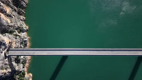 Overhead view of a bridge over a reservoir Stock Footage 344054282